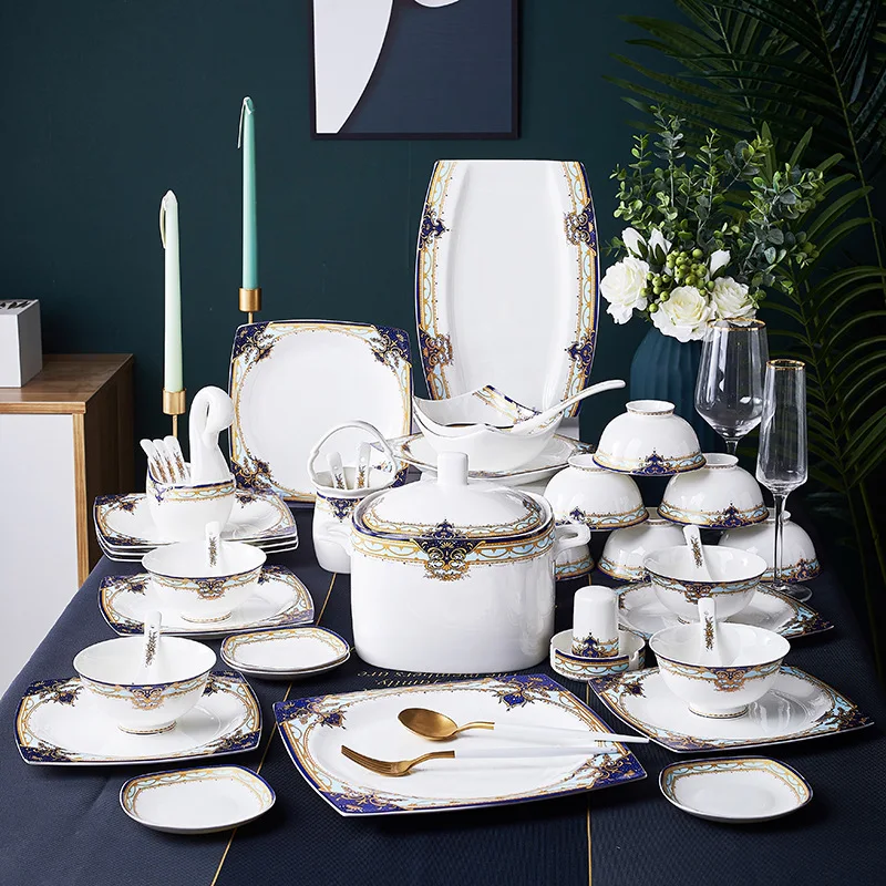Luxury Nordic Royal Ceramic Tableware Set Bone China Gold Rim Square Plates Dishes Dinner Sets