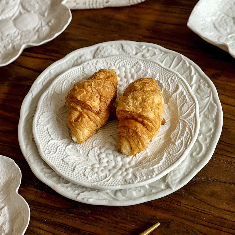 French Relief Ceramic Dishes With Grape Pattern Western Style Steak Plates Vintage Dessert Plate White Dinnerware