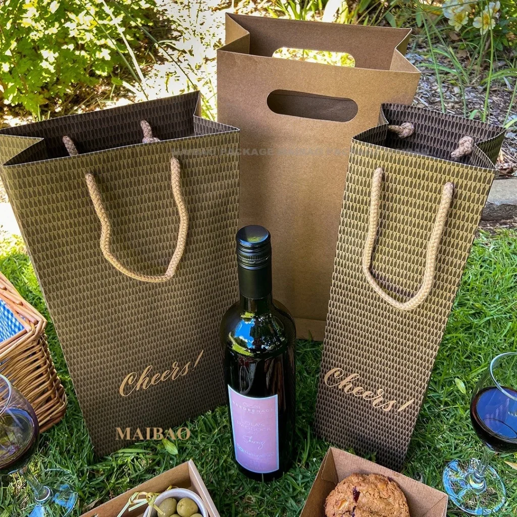 Упаковочная сумка для розничной торговли с логотипом, роскошный подарочный бумажный пакет с ручками, оптовая продажа, подарочная сумка для бумажной бутылки вина