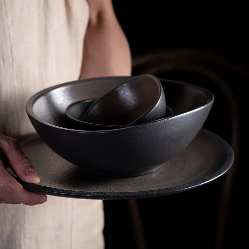 Коричневые наборы посуды, поднос для тарелок, оптовая продажа, OEM, отель, ресторан, керамика, набор тарелок в деревенском стиле, посуда, тарелки, керамика
