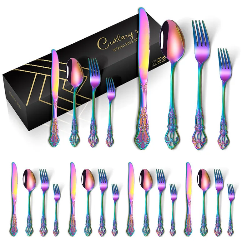 24pcs Stainless Steel Cutlery Sets Golden Silver Color Hotel Wedding Steak Knife Fork and Spoon Flatware With Gift Box