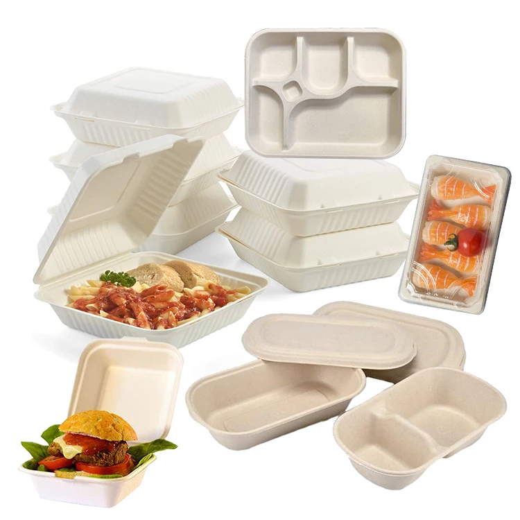 Биоразлагаемая компостируемая бумажная коробка на вынос, контейнер для целлюлозы, 3, 5, 6 отделений, коробка для еды, гамбургеров, суши, жома сахарного тростника