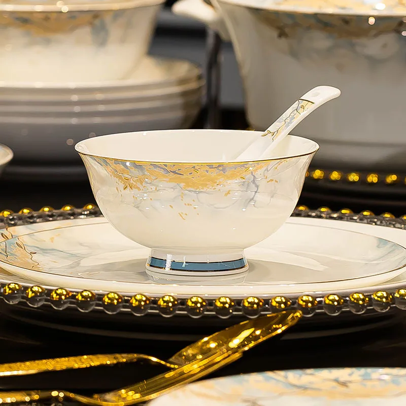 Modern Luxury Style Bone Porcelain Tableware Set for Home Hotel Banquet Ceramic Bowl Plates and Bowls Set Wholesale