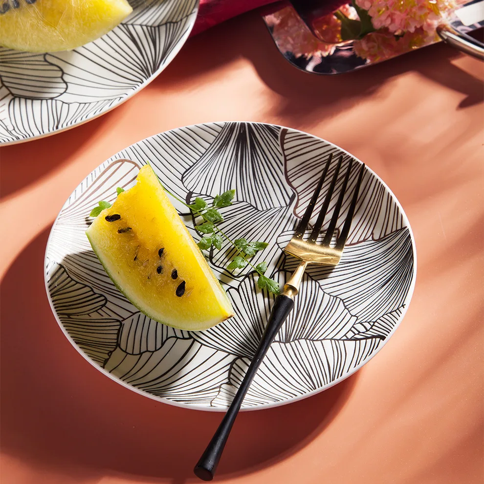 Настраиваемый набор керамических тарелок в скандинавском стиле с кленовым листом в полоску, круглые и квадратные керамические тарелки, посуда для свадебного банкета