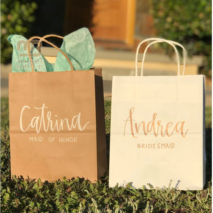 Оптовые коричневые сумки из крафт-бумаги, экологически чистые пакеты из переработанной крафт-бумаги с логотипом, изготовленные на заказ белые бумажные пакеты для свадебных подарков