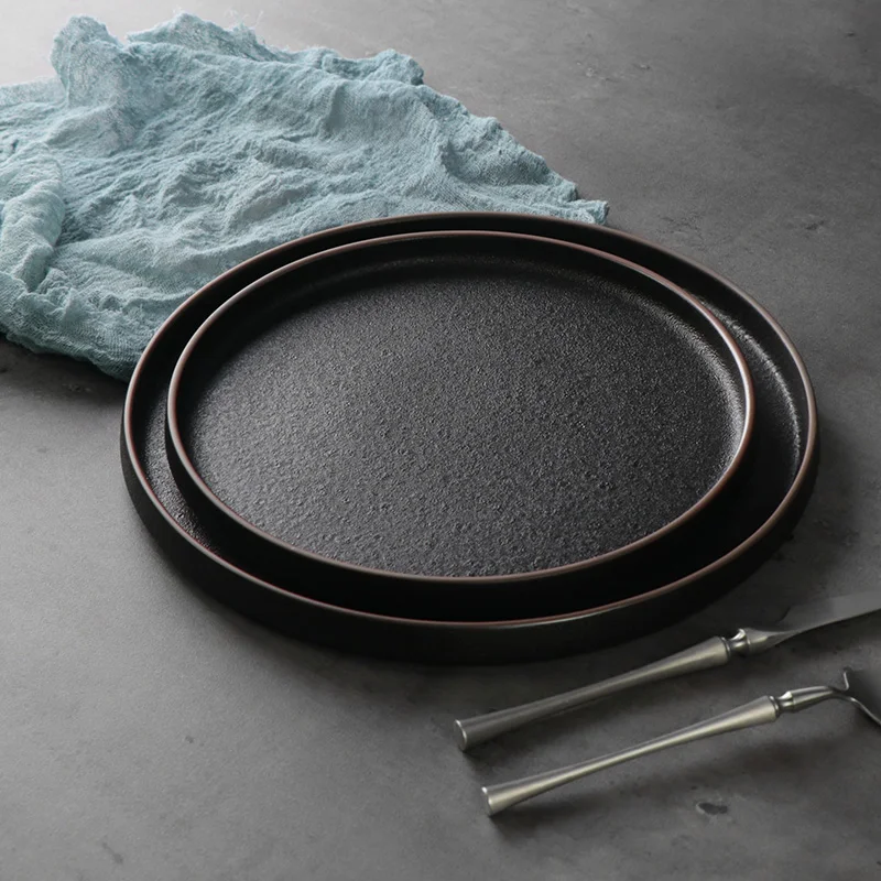 Принадлежности для ресторана Черная тарелка Матовая круглая 10-дюймовая круглая обеденная тарелка Сланцевая тарелка для стейка Керамическая посуда для ресторана