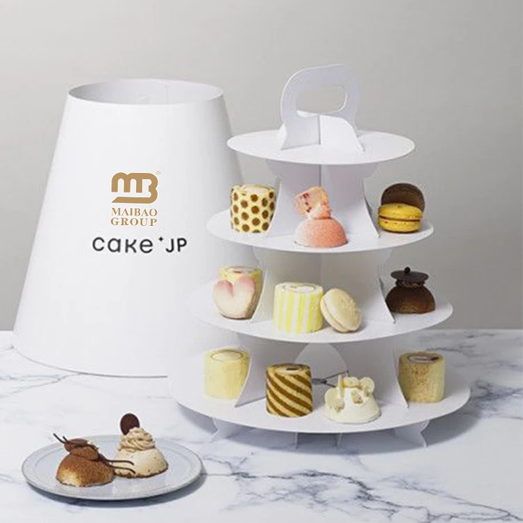 Белая портативная многослойная коробка для торта с принтом на заказ, упаковочная коробка для послеобеденного чая и десерта, бумажная подставка для демонстрации закусок на вынос