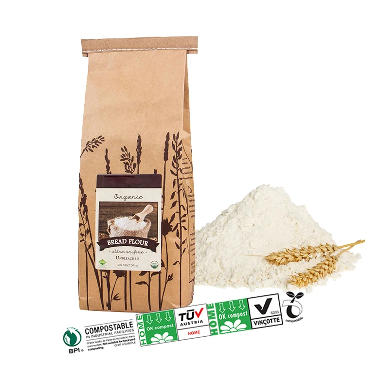 Оптовая продажа, индивидуальный дизайн, пищевые, влагостойкие, биоразлагаемые, компостируемые мешки из крафт-бумаги 1 кг, 2 кг, 5 кг для упаковки муки