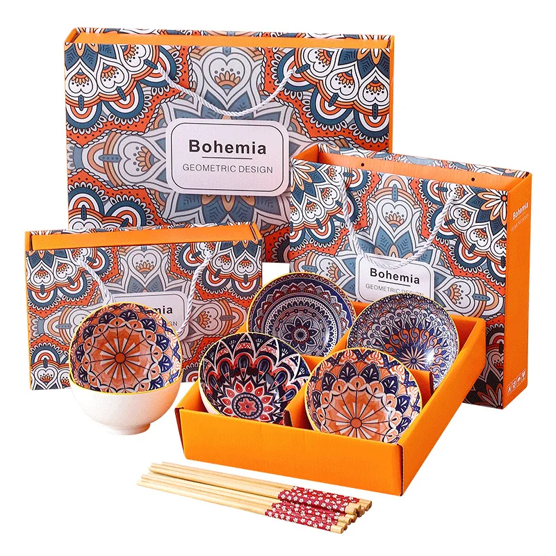 Home Hotel Restaurant Tableware Japanese Style Dinnerware Sets Ceramic Salad Bowl Bohemian Bowls Set With Gift Box