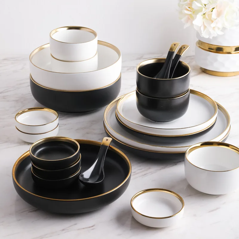 Marble Whit Gold Inlay Salad  Luxury Ceramic Luxury Tableware  Set Dinnerware Sets Porcelain Luxury Ceramic Tableware