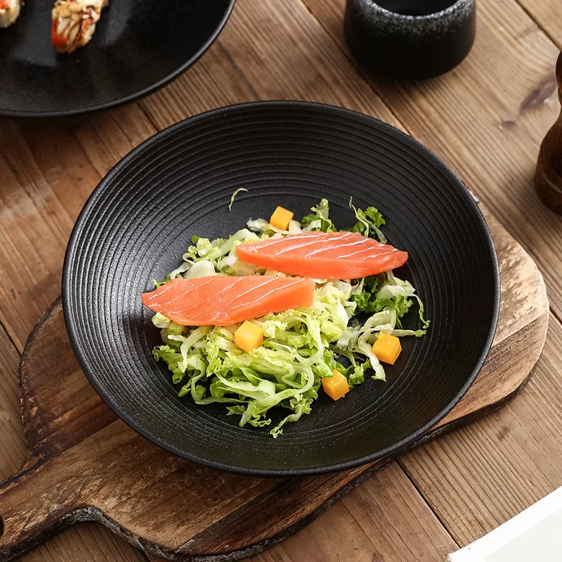 Японская тарелка для суши и набор ложек-вилок с черно-белой каменной текстурой для мероприятий общественного питания