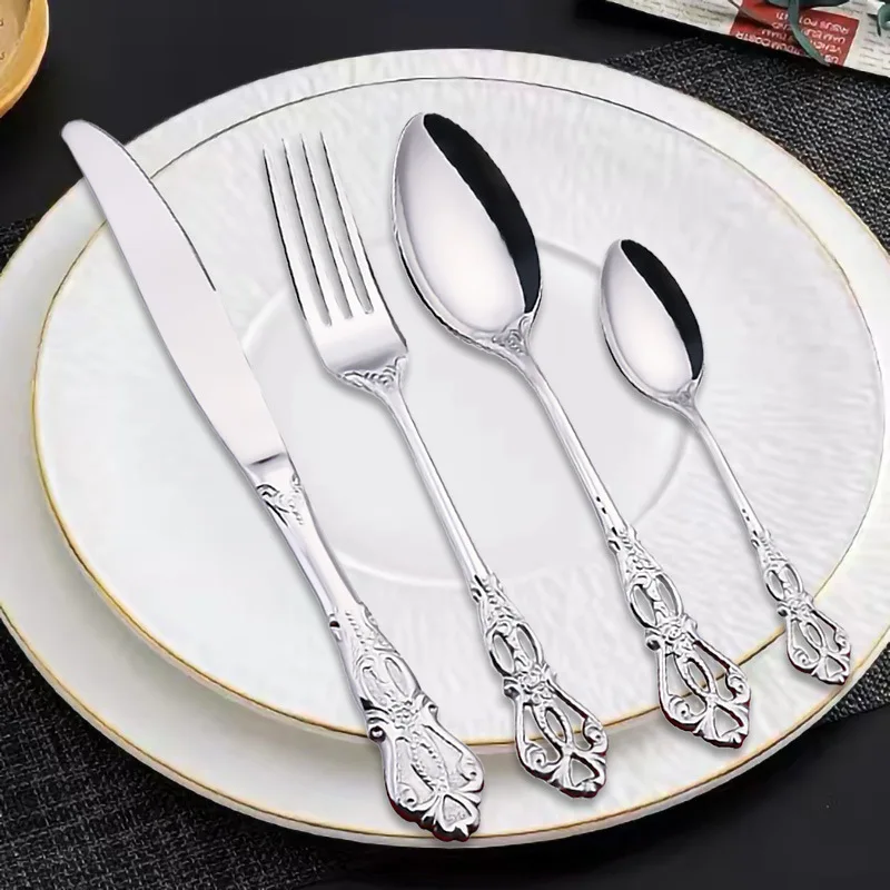 Набор столовых приборов из нержавеющей стали, набор ложек, королевский ресторан в стиле барокко, серебряная посуда, роскошный набор с полой ручкой, винтажные свадебные золотые столовые приборы
