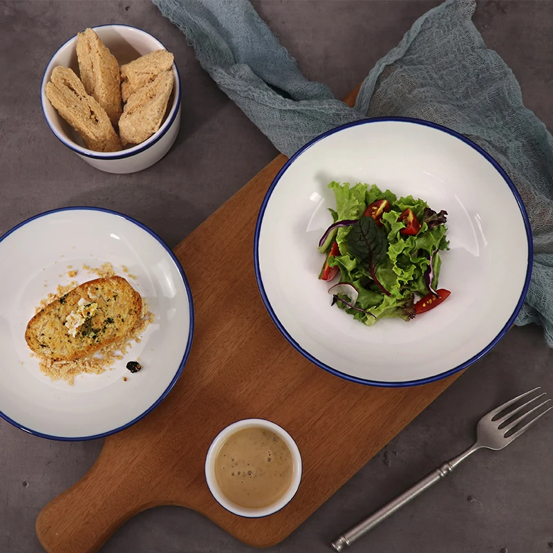 Оптовая продажа обеденная тарелка, белая, синяя керамическая посуда для шведского стола, современный 5-звездочный отель, фарфоровая посуда, тарелки для ресторана, тарелки для еды