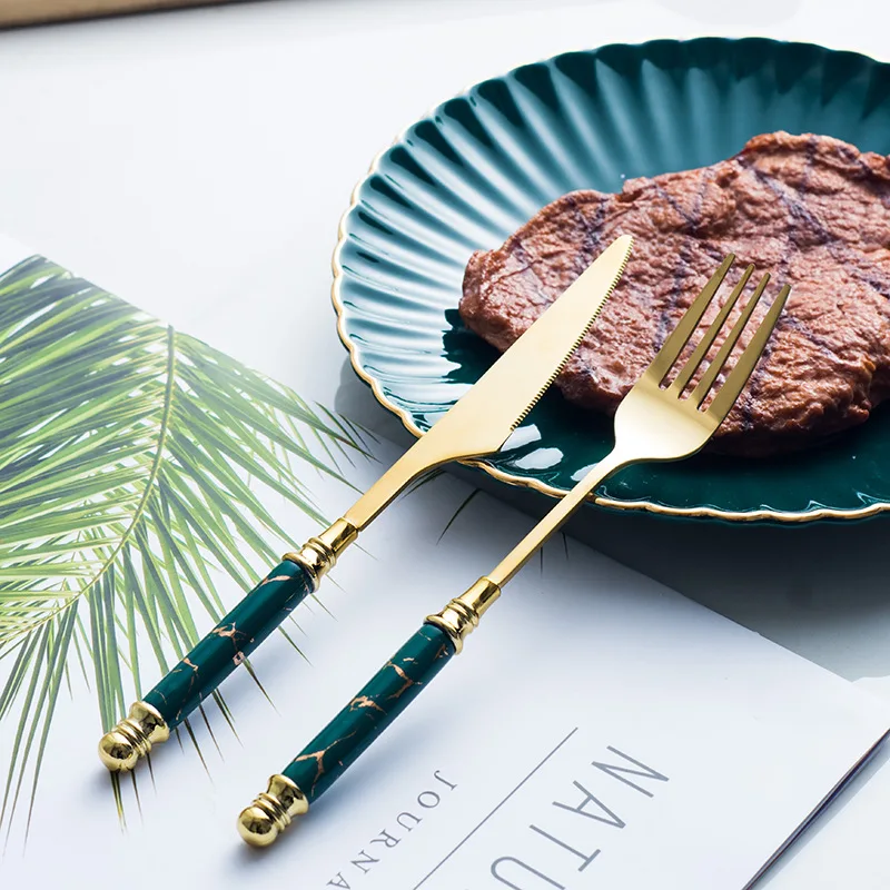 Скандинавская посуда, керамическая мраморная ручка, столовые приборы, набор столовых приборов из нержавеющей стали, набор вилок, ножей и ложек