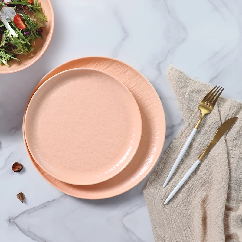 Скандинавская розовая посуда, наборы керамических тарелок, столовая посуда, Rock Veins, оранжевый фарфоровый керамический набор для банкета