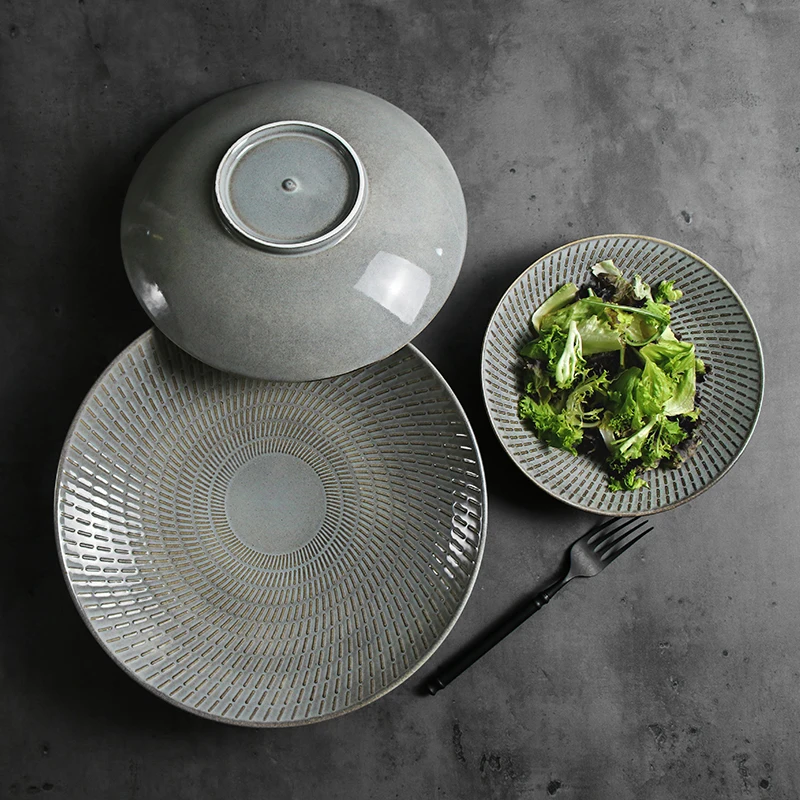 Тарелки оптом, ресторанная посуда, деревенский стиль, серая керамика, глубокая тарелка, фарфоровая посуда, набор 10-дюймовых керамических тарелок