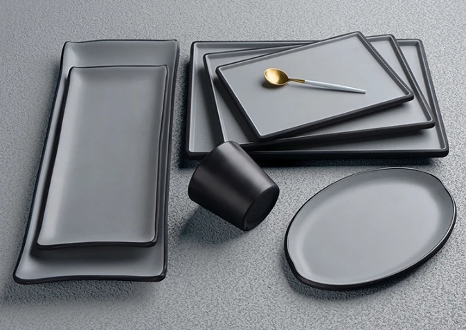 Набор столовой посуды из 100% меламина, небьющиеся серые, черные тарелки, посуда, используемая в ресторане, серая посуда, пищевой материал А5