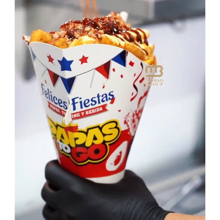 Одноразовая чашка для картофеля фри на вынос Papas Fritas Бумажный конус Одноразовые контейнеры для еды Оптовая продажа 2 в 1 Чашка для закусок и напитков