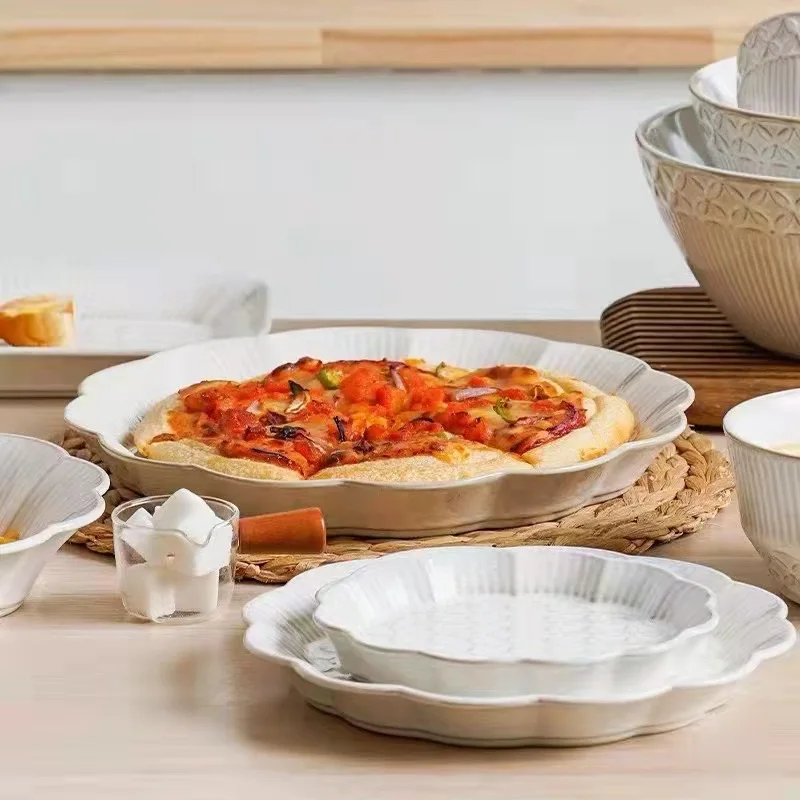 Nara Snow Embossed Ceramic Dinnerware Set Square and Oval Plates & Bowls Eco-Friendly for Home Use