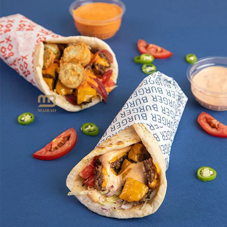 Жиронепроницаемая упаковочная бумага для кебаба с логотипом, маслостойкая упаковочная бумага для шаурмы, жиронепроницаемая вощеная бумага, пищевая упаковка для гамбургеров
