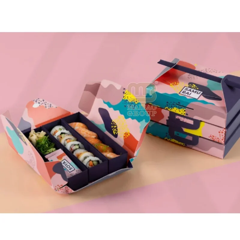 Напечатанный на заказ экологически чистый белый картон, одноразовый обед, доставка бенто, упаковка для фаст-фуда, суши на вынос, бумажная коробка