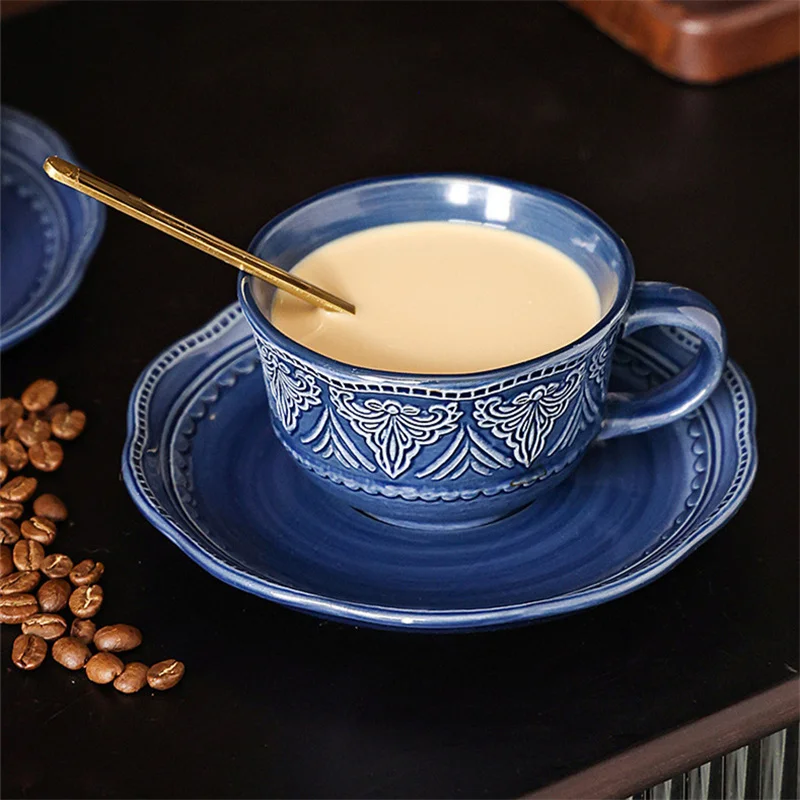 European Porcelain Baroque Embossed Coffee Cups and Saucers Relief Ceramic Coffee Cup Mugs Dishes Sets