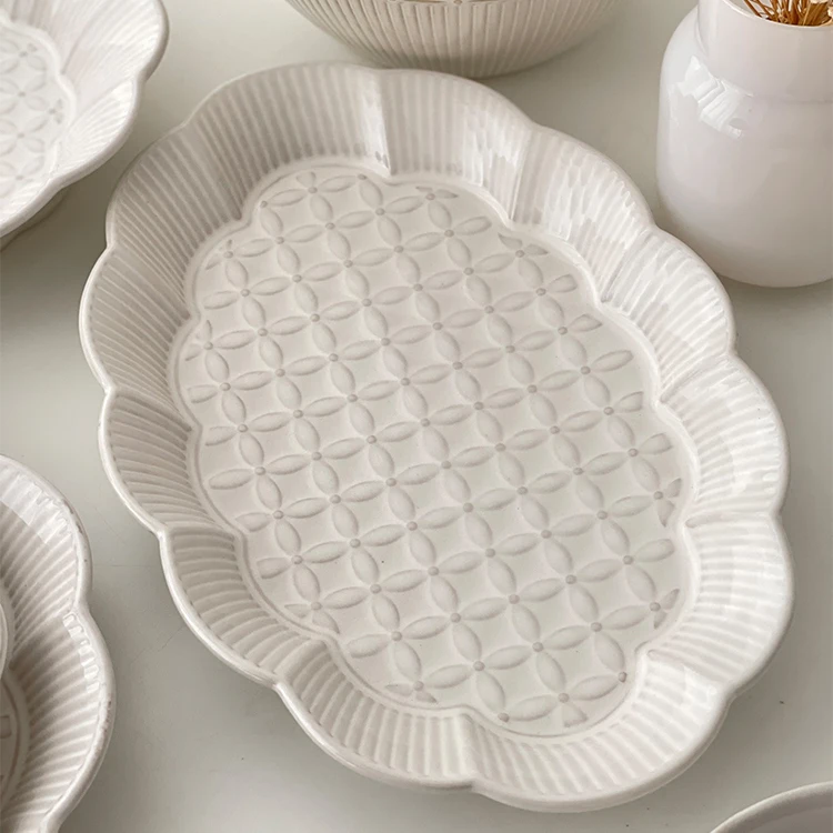 Embossed White Square Dish Plate Oval Hotel Rice Bowl Ceramic Dinnerware Tableware