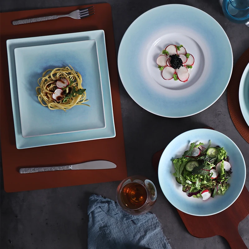 Скандинавская синяя квадратная обеденная тарелка, тарелки для ресторана, керамическая посуда высокого класса, керамическая посуда, посуда для банкетов, шведского стола, отеля