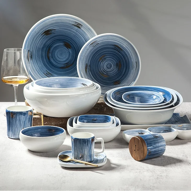 Синий градиентный круг с черными точками, круглая керамическая тарелка, декоративная посуда, посуда, высокое качество, оптовая продажа, тарелка со звездным небом