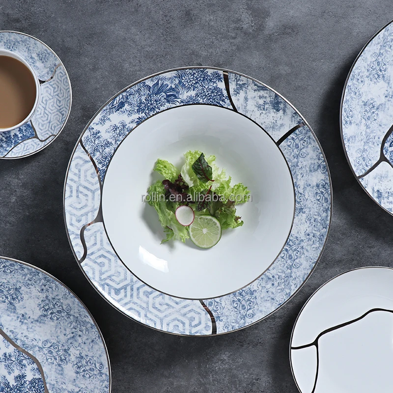 Синий и белый костяной фарфоровый обеденный сервиз для отелей, посуда, фабричная посуда, набор тарелок, роскошный набор столовой посуды