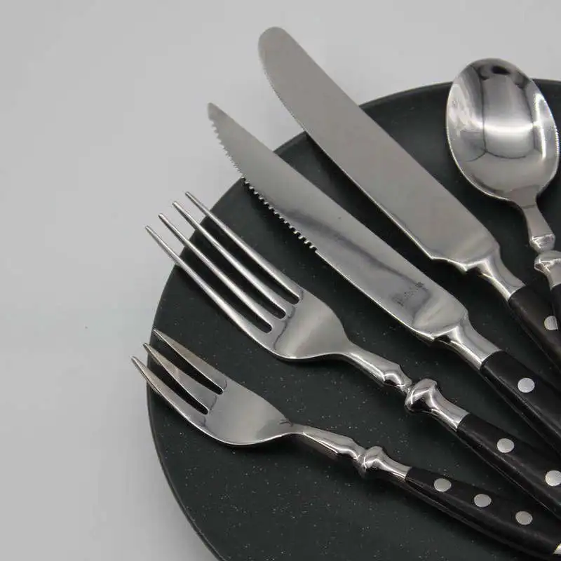 European Design Flatware Set Bakelite Wooden Handle Stainless Steel Knife Fork Spoon for Parties Modern Style Sustainable