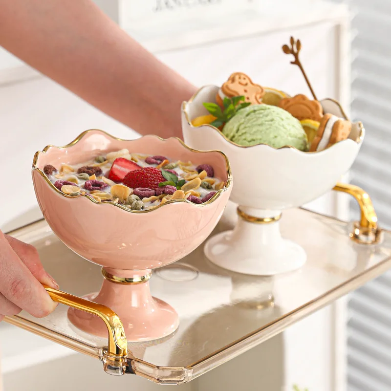 Ceramic Gold Rim Ice Cream Ice Cream Bowl Macaron Simple Salad Bowl Tall Design Feeling Dessert Bowl
