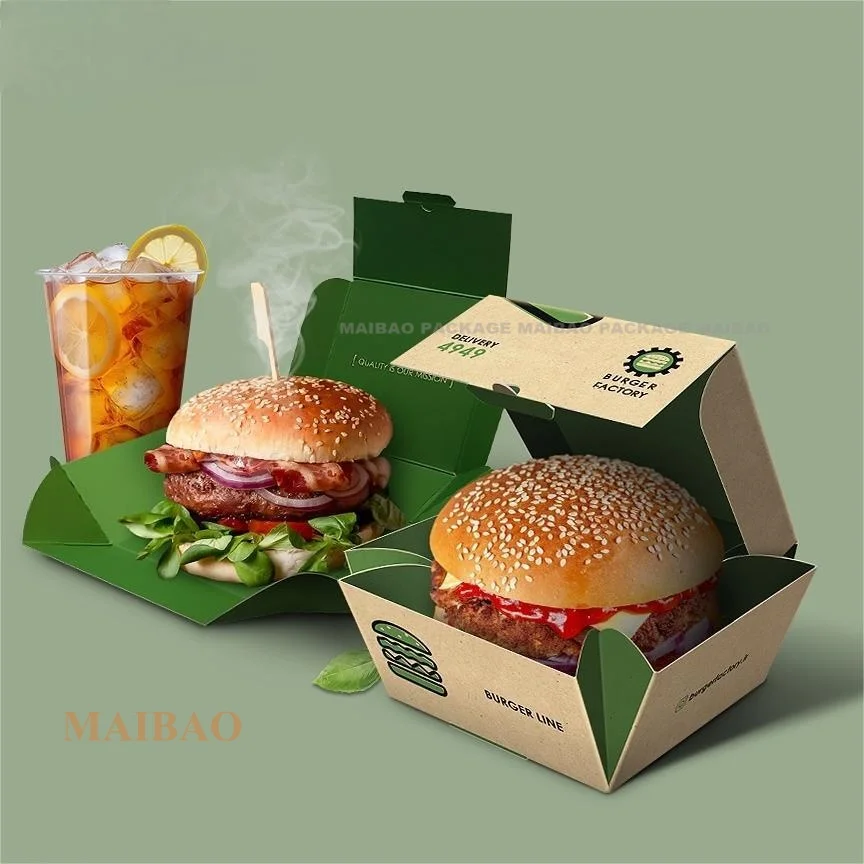 Черные коробки на вынос с индивидуальным логотипом, одноразовые коробки для картофеля фри, бумажная коробка для фаст-фуда для упаковки гамбургеров, куриных крылышек, печенья, хлеба