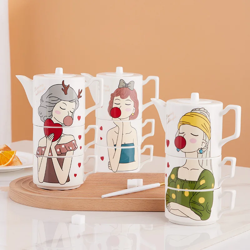 Hot Selling Creative Cute Girl Heart Small Fresh Coffee Cup Ceramic Tea Set Dessert Cups Teapot Set