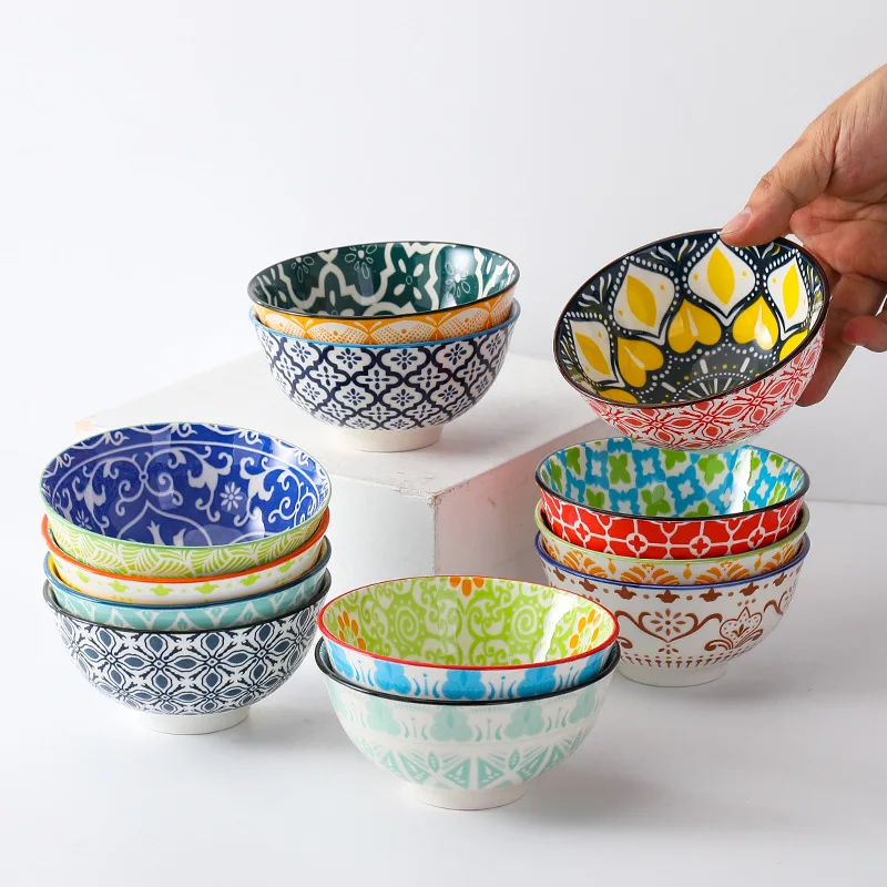 Ceramic Under Glazed Bohemia Style Exotic Porcelain Bowl Colorful High Legged for Dinner or Wedding-Gift Plates and Bowls Set