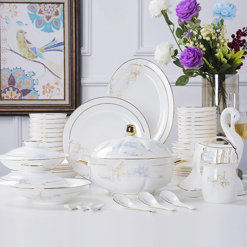 High-End Gold Applique Bone China Porcelain Dinnerware Sets Exquisite Ceramic Tableware for Parties Sustainable High Quality