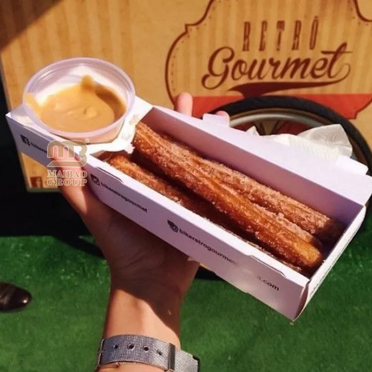 Жиростойкая бумажная коробка для закусок Контейнер для еды на вынос Держатель для конуса чуррос Упаковка для чуррос в коробку для ресторанов на заказ