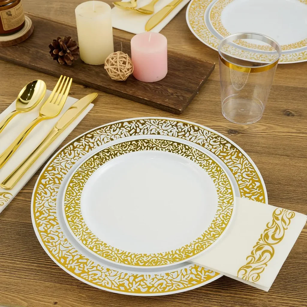 Белая одноразовая PS жесткая пластиковая посуда для стейка, бронзовая кружевная полая тарелка с едой в западном стиле, вечеринка, трансграничный внешнеторговый ужин