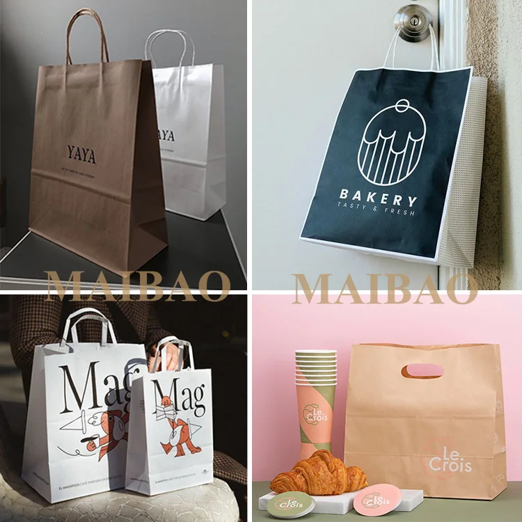 Изготовленная на заказ переработанная сумка для покупок Bolsas De Papel из крафт-бумаги с логотипом Белая бумага для одежды Сумка для подарочной упаковки Коричневые сумки для еды на вынос