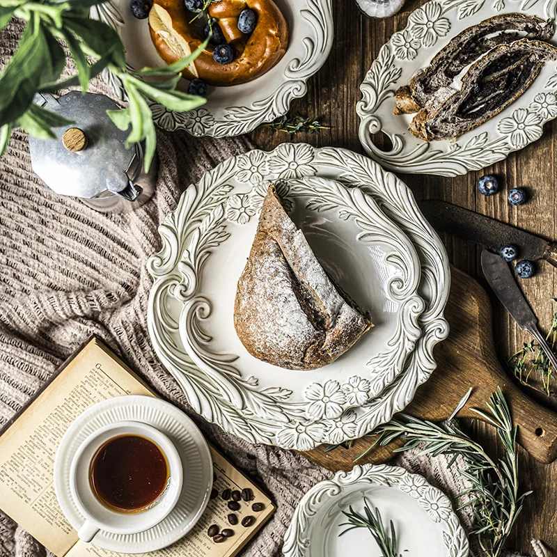 Retro Royal Embossed Dinnerware Set Floral Ceramic White Dinner Plate and Dishes European Tableware