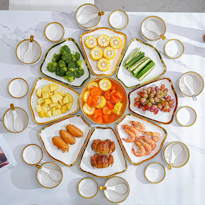 Wholesale Fan Shaped Gold Edge Ceramic Plate Combination Dinner Plate Minimalist Ceramic Tableware Set