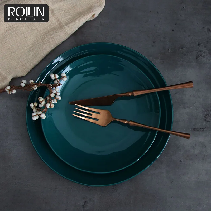 Прямая продажа с фабрики, зеленое блюдо для отеля, керамический набор обеденных тарелок, изысканные фарфоровые тарелки для ресторана