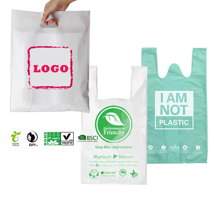 Оптовая продажа напечатанная на заказ экологически чистая D2W EPI кукурузный крахмал компостируемая OXO биоразлагаемая футболка для покупок упаковка полиэтиленовый пакет