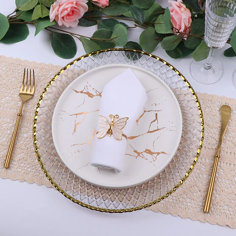 Стеклянная зарядная тарелка с золотой оправой, свадебное украшение, посуда, стеклянная зарядная тарелка с цветочным рисунком, роскошная посуда, посуда для ресторана