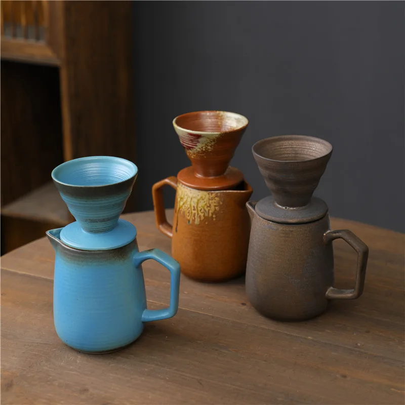 Hot Selling Creative Coarse Pottery Handmade Coffee Pot Set Ceramic Filter Cup Brewed Coffee Filter Drip Coffee Utensils