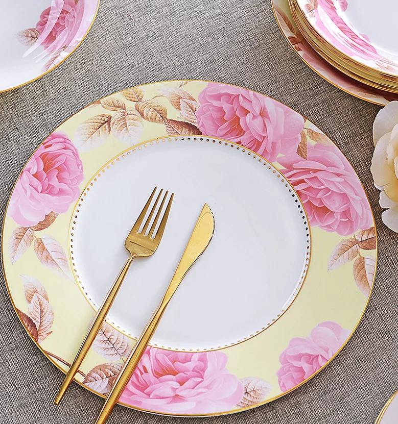 Low Price Wholesale Western Design Dinnerware Sets Bone China Tableware Ceramic Charger Dinner Plate Bowl Dishes Set