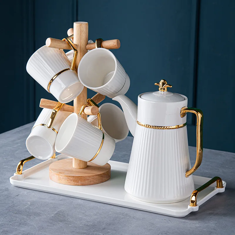 European Style  High-End Gift-Giving Gold-Painted Ceramic Coffee Cup With Handle Tray Coffee Cup Set of 6