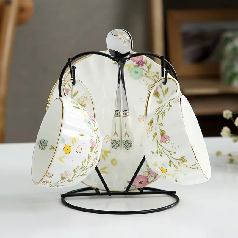 Ceramic Tea Cup and Plates Nordic Countryside Set Afternoon Tea Cups English Style Gold Rimmed Coffee Dinnerware Sets Ceramic