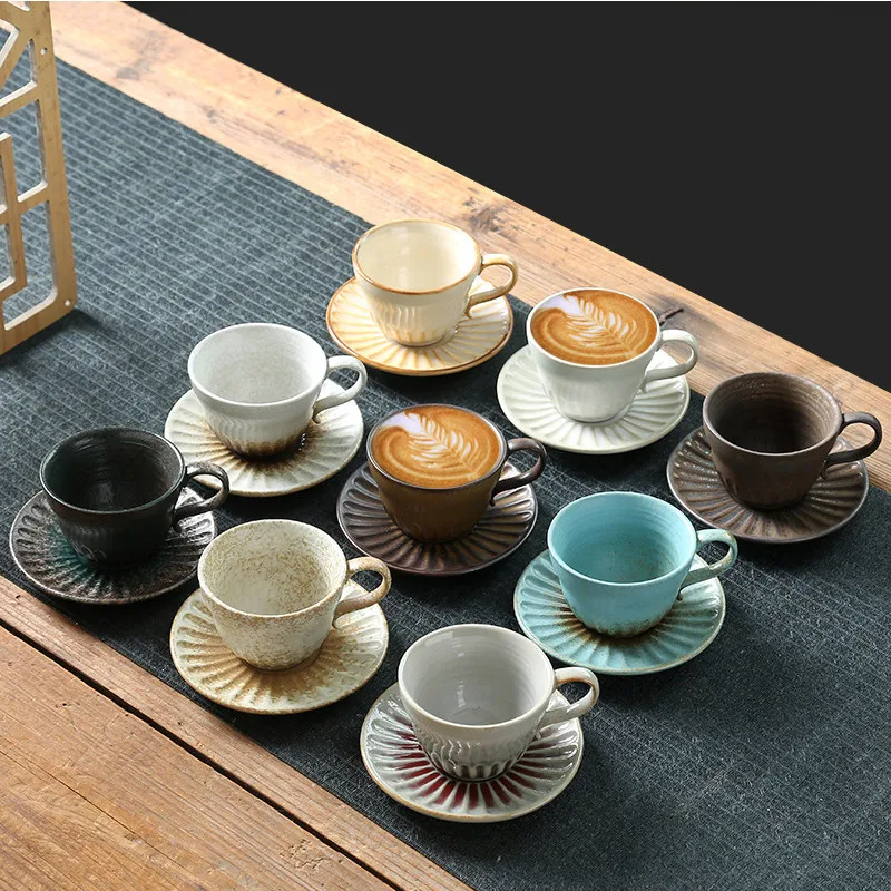 Retro 120ml Reactive Glaze Ceramic Espresso Cups Kiln Changing Glaze Afternoon Coffee Cup and Saucer Set
