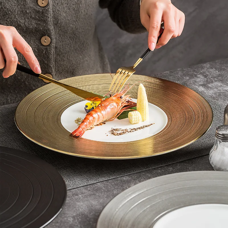 High-End 12-Inch European Style French Food Flat Steak Dinner Plates Gold-Plated Brushed Ceramic for Hotels and Restaurants